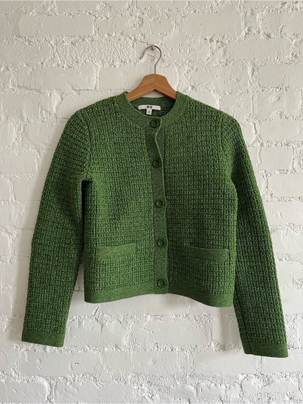 Uniqlo Green Textured Knit Button-Front Cardigan